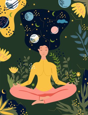 Doğanın ve yeşilliğin ortasında sakin bir meditasyon yapan bir kadın. Yoga, stres atma, farkındalık, rahatlama, eğlence ve sağlık kavramı. Vektör illüstrasyonu.