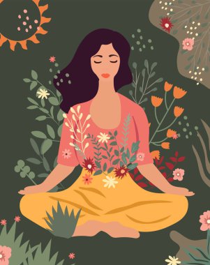 Bir kadın, yapraklar ve çiçeklerle çevrili yoga nilüferinde meditasyon yapıyor. Yoga pratiği, meditasyon rahatlama, sağlıklı yaşam tarzı, boş zaman ve sağlık desteği kavramı. Vektör.