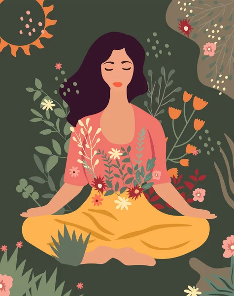 Een Vrouw Mediteert Een Yoga Lotuspositie Omringd Door Bladeren Bloemen Rechtenvrije Stockillustraties