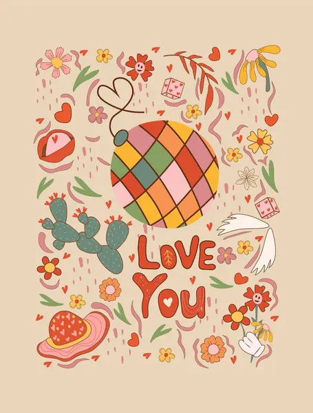 Harika Disko Topu Papatya Çiçek Ların Hippi Posterleri Çiçekli Romantik Stok Illüstrasyon