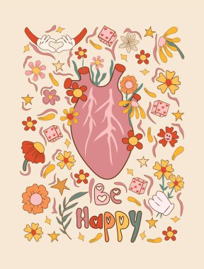 Havalı kalp, papatya, çiçek 60-70 'ler temalı Hippi posterleri, tebrik kartı çıkartmaları, kapaklar, tişört baskıları ve parti davetiyeleri için mükemmel. Vektör.