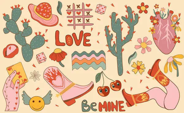 Retro Valentijnsdag Sticker Collectie Beschikt Cartoon Groovy Romantische Elementen Vakantie Stockvector