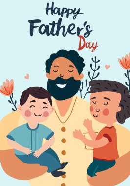 Mutlu Babalar Günü filmleri, neşeli bir baba çocuklarına sarılır ve onlarla ilgilenir. Ebeveyn sevgisi, bakım, çocuk yetiştirme kavramı. Kartpostal için ideal, poster. Vektör. 