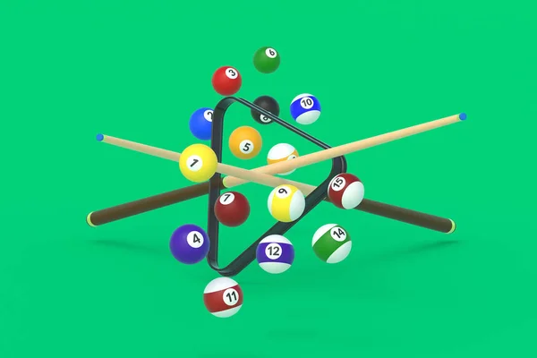飛行ビリヤードボール プラスチック製の三角形と緑の背景に合図 レジャー用のゲーム スポーツ用具 3Dレンダリング — ストック写真