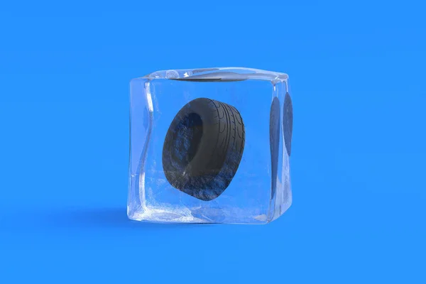 轮胎在冰块里3D说明 — 图库照片