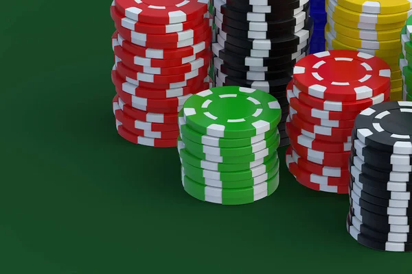 カジノのテーブルでチップを演奏のスタック コピースペース 3Dレンダリング — ストック写真