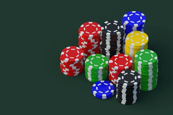 カジノのテーブルでチップを演奏のスタック コピースペース 3Dレンダリング — ストック写真