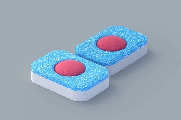 Dos Tabletas Detergente Lavavajillas Sobre Fondo Gris Renderizar —  Fotos de Stock