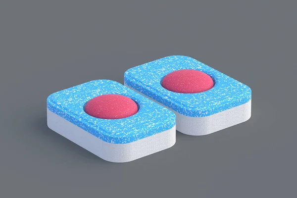 Dwie Tabletki Detergentu Zmywarki Szarym Tle Renderowanie — Zdjęcie stockowe