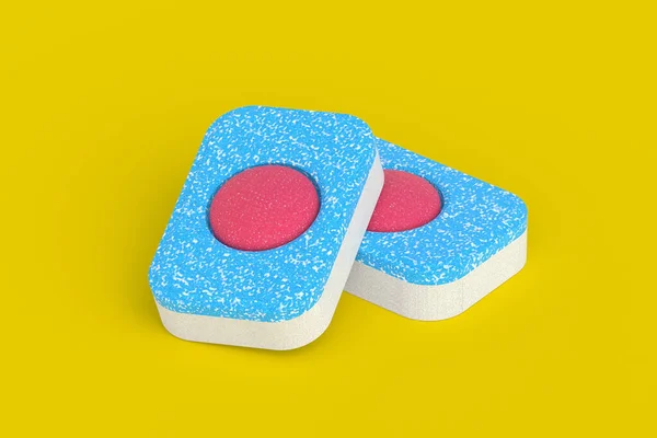 Two dishwasher detergent tablets on yellow background. 3d render