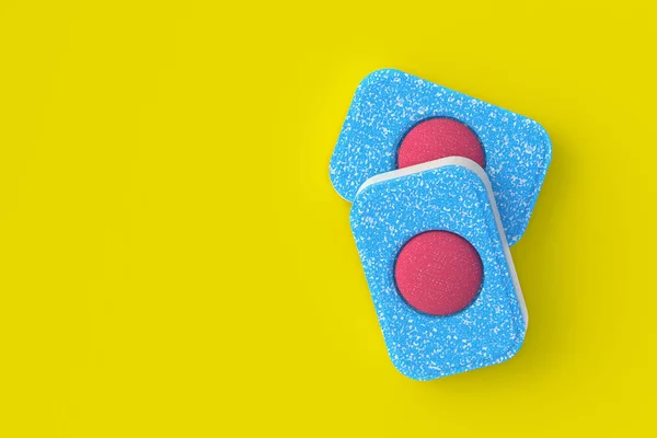Two dishwasher detergent tablets on yellow background. Copy space. Top view. 3d render