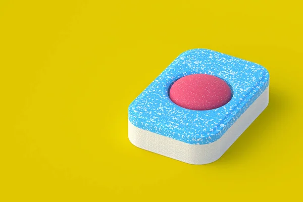 Dishwasher detergent tablet on yellow background. Copy space. 3d render