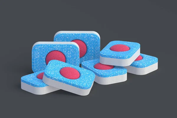 Heap of dishwasher detergent tablets on dark background. 3d render