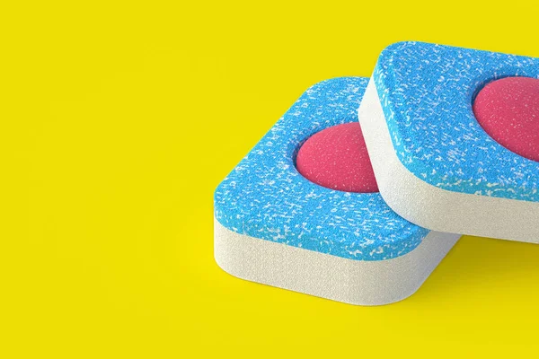 Dishwasher detergent tablets on yellow background. Copy space. 3d render