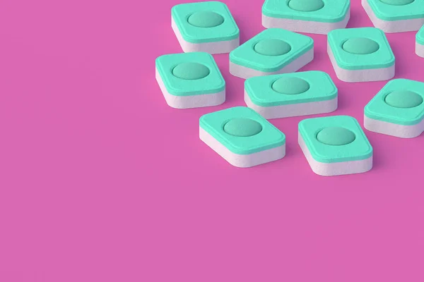 Strewn dishwasher detergent tablets on pink background. Copy space. 3d render