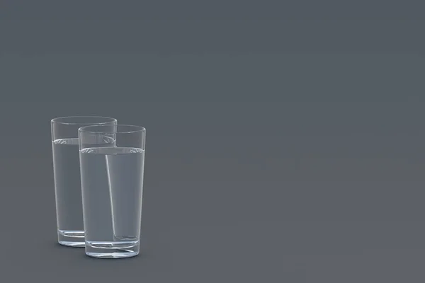 灰色の背景の隅に水の2つのガラス コピースペース 3Dレンダリング — ストック写真