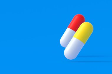Mavi arka planda uçucu haplar. Sağlık ve sağlık sigortası kavramı. İlaç ve vitamin dozajı. Uzayı kopyala 3d hazırlayıcı