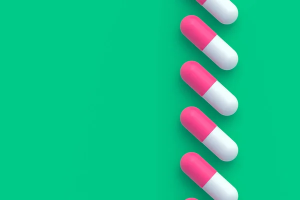 緑の背景に丸薬の行 医療と医療の概念 薬やビタミンの投与量 最上階だ コピースペース 3Dレンダリング — ストック写真