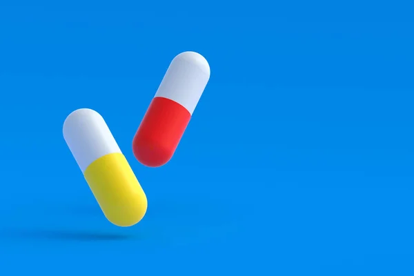 青い背景に飛ぶ薬 医療と医療の概念 薬やビタミンの投与量 コピースペース 3Dレンダリング — ストック写真