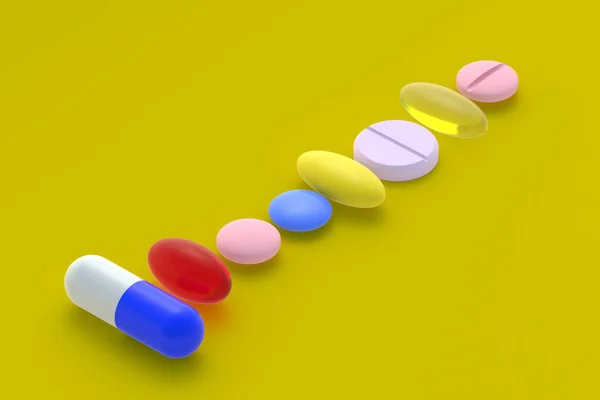 Różne Pigułki Żółtym Tle Koncepcja Opieki Zdrowotnej Medycznej Dawkowanie Leków — Zdjęcie stockowe