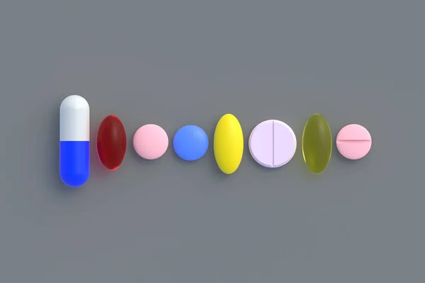灰色の背景に様々な錠剤 医療と医療の概念 薬やビタミンの投与量 最上階だ 3Dレンダリング — ストック写真
