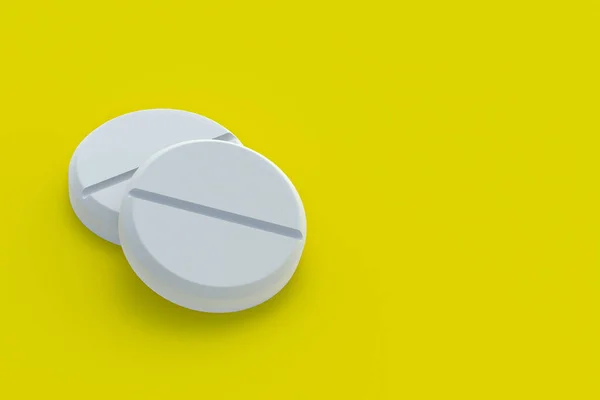 Runde Pillen Auf Gelbem Hintergrund Konzept Der Gesundheitsfürsorge Und Medizin — Stockfoto