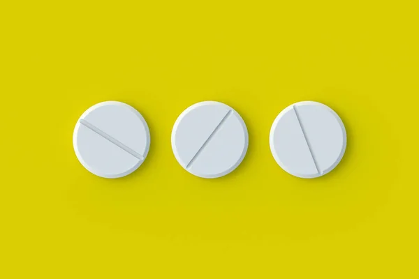Três Comprimidos Fundo Amarelo Conceito Saúde Médico Dosagem Medicamentos Vitaminas — Fotografia de Stock