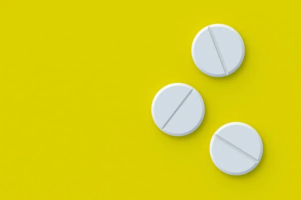 Три Круглых Таблетки Желтом Фоне Концепция Здравоохранения Медицины Дозировка Лекарств — стоковое фото