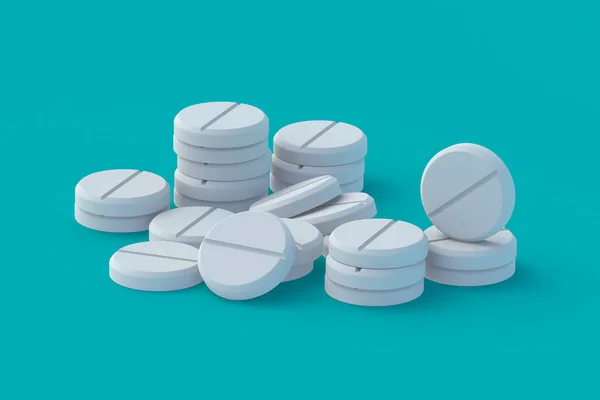 Pilha Muitas Pílulas Fundo Turquesa Conceito Saúde Médico Dosagem Medicamentos — Fotografia de Stock