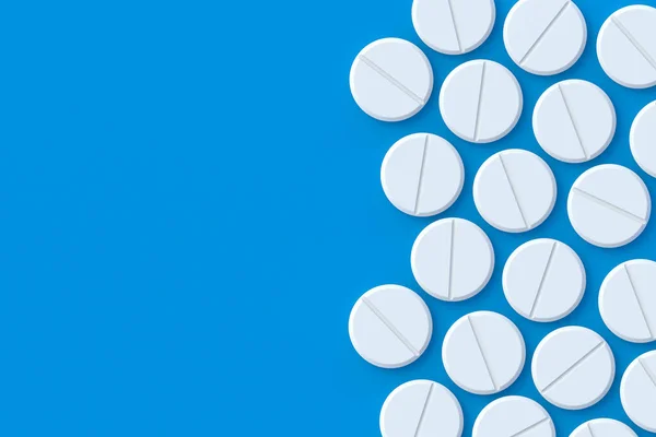 stock image Many pills on blue background. Concept of healthcare and medical. Dosage of medications and vitamins. Top view. Copy space. 3d render