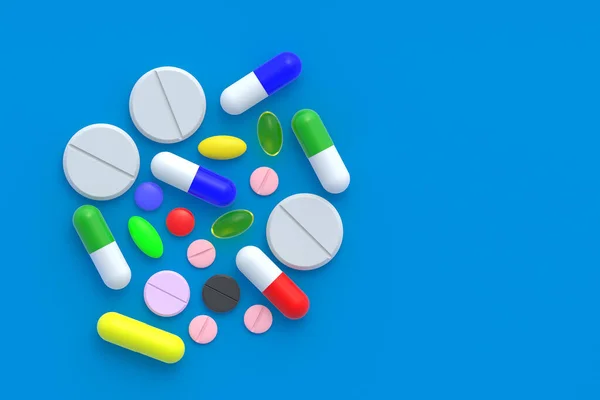 Várias Pílulas Espalhadas Fundo Azul Conceito Saúde Médico Dosagem Medicamentos — Fotografia de Stock