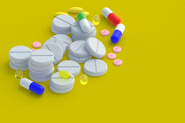 黄色の背景に散在する錠剤の多く 医療と医療の概念 薬やビタミンの投与量 コピースペース 3Dレンダリング — ストック写真