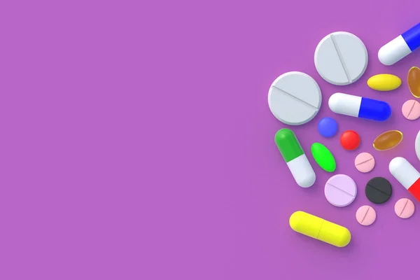 Различные Таблетки Разбросаны Розовом Фоне Концепция Здравоохранения Медицины Дозировка Лекарств — стоковое фото