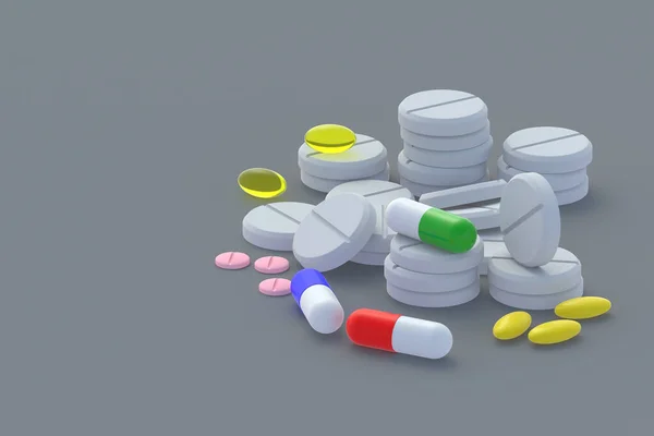 灰色の背景に散在する様々な錠剤 コピースペース 3Dレンダリング — ストック写真