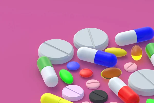 Wiele Tabletek Rozrzuconych Różowym Tle Koncepcja Opieki Zdrowotnej Medycznej Dawkowanie — Zdjęcie stockowe
