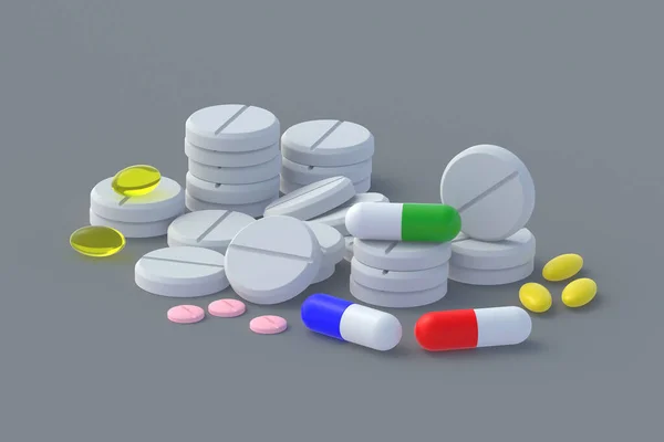 Hromada Různých Pilulek Roztroušených Šedém Pozadí Pojem Zdravotní Péče Lékařství — Stock fotografie