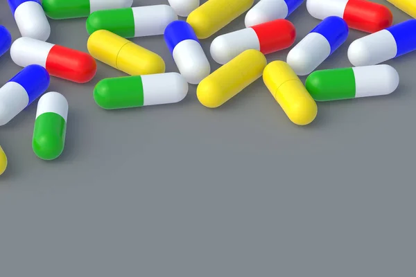 Veel Pillen Verspreid Grijze Achtergrond Begrepen Ruimte Renderen — Stockfoto
