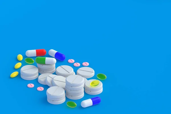 Diferentes Comprimidos Espalhados Fundo Azul Conceito Saúde Médico Dosagem Medicamentos — Fotografia de Stock