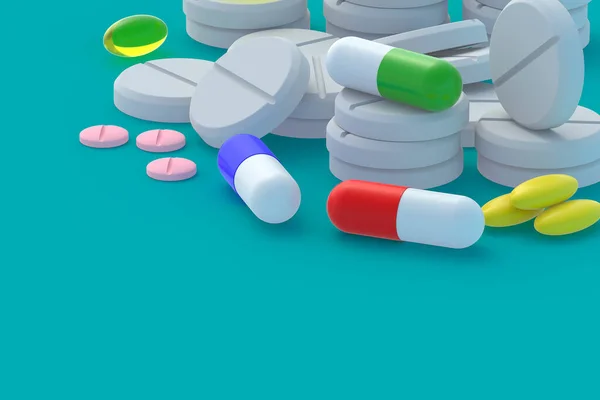 Diferentes Comprimidos Espalhados Fundo Turquesa Conceito Saúde Médico Dosagem Medicamentos — Fotografia de Stock