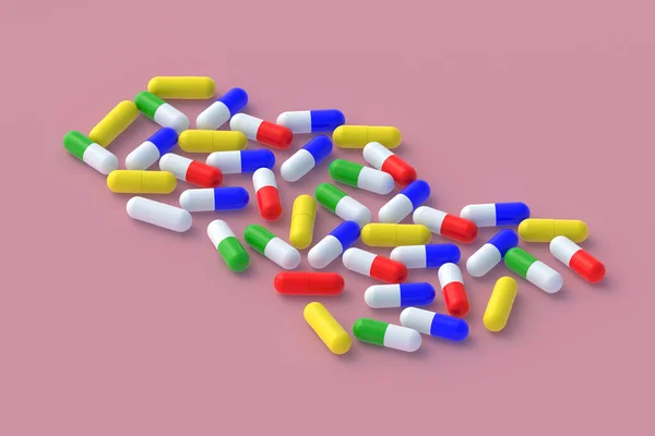 Rozproszone Pigułki Koncepcja Opieki Zdrowotnej Medycznej Dawkowanie Leków Witamin Renderowanie — Zdjęcie stockowe