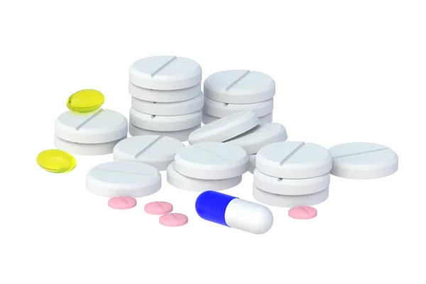 白い背景に隔離された様々な薬のヒープ 3Dレンダリング — ストック写真