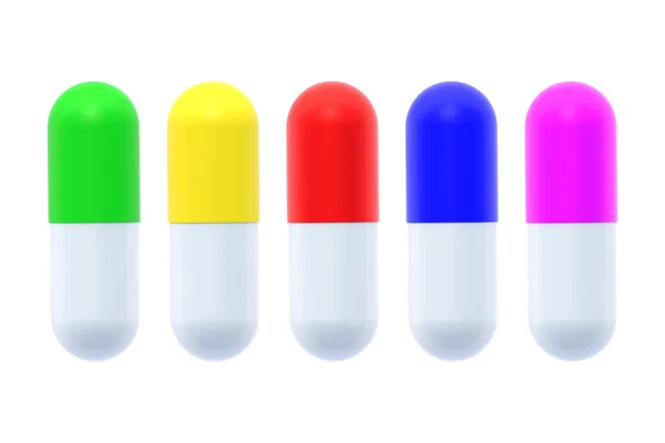 異なる色の錠剤は白い背景に隔離されています 3Dレンダリング — ストック写真