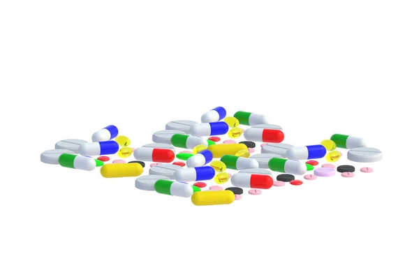 白い背景に単離された異なる錠剤を散乱 3Dレンダリング — ストック写真