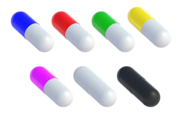 Diversi Colori Pillole Isolate Sfondo Bianco Rendering — Foto Stock