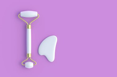 Yüz masajı silindiri ve gua sha taşı. Yüzümü ve sağlığımı kaldırıyorum. Kozmetik aksesuarlar. Yüz bakımı. Üst Manzara. Uzayı kopyala 3d hazırlayıcı