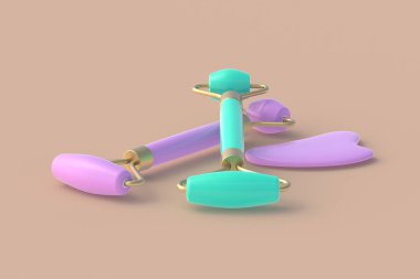 Yüz masajı makineleri ve gua sha taşı. Yüzümü ve sağlığımı kaldırıyorum. Kozmetik aksesuarlar. Yüz bakımı. 3d hazırlayıcı