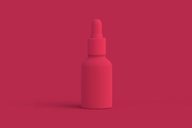 Kırmızı arka planda mor pipeti olan kozmetik şişesi. 2023 yılının rengi. 3d hazırlayıcı