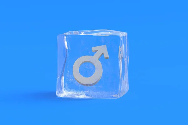 冰立方体中的男性符号3D渲染 — 图库照片