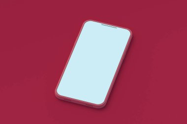 Kırmızı arka planda macentanın akıllı telefonu. 2023 yılının rengi. 3d hazırlayıcı