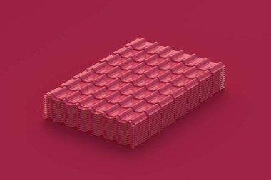Kırmızı arkaplanda morumsu bir çatı fayansı. 2023 yılının rengi. 3d hazırlayıcı